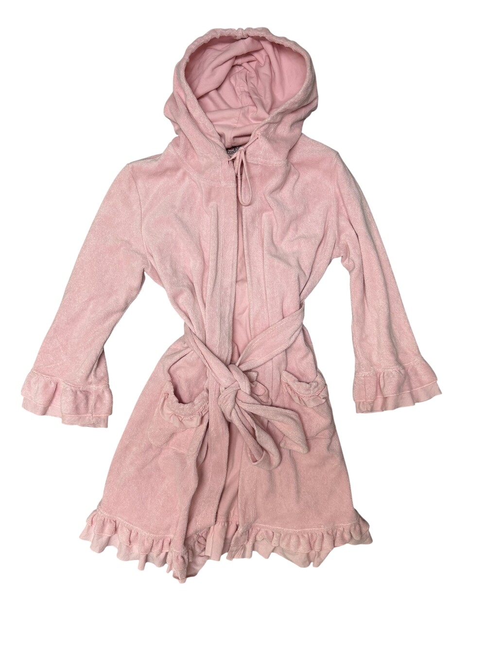 Vintage 90s Juicy Couture Robe Womens XL Pink Velour Hooded Ruffle Kimono